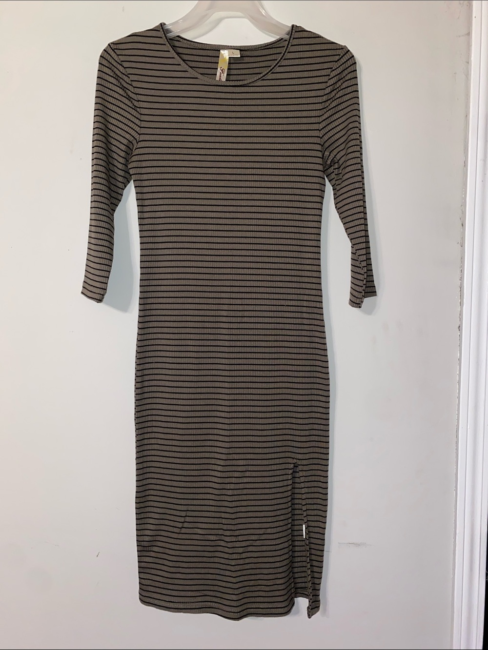 Striped Gray and Black Midi Dress with Side Slit